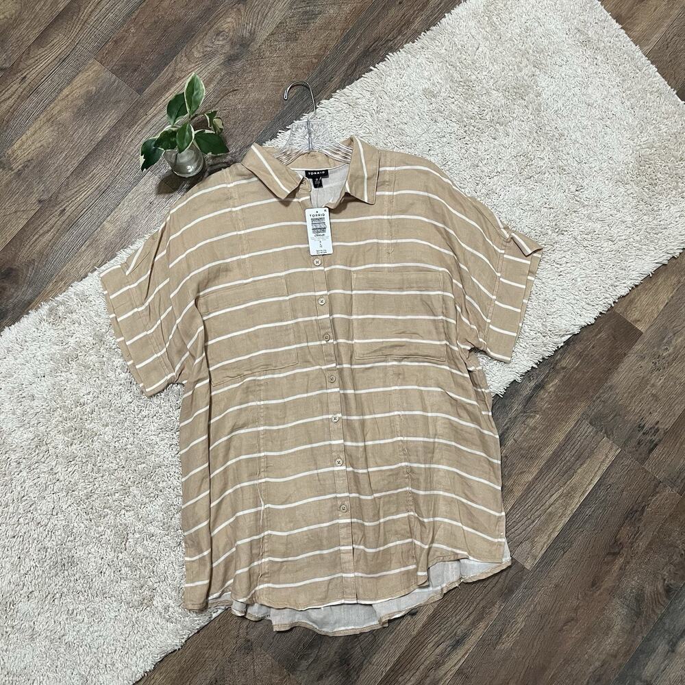 Torrid Size 0X Sandal Stripe Ginger Root Raw Seam Distressed Button Down Top NWT